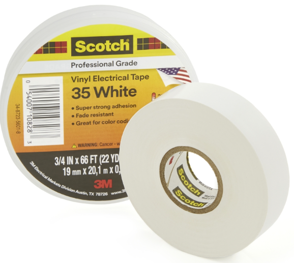 3M VINYL ELECTRICAL TAPE 35, WHITE, PROFESSIONAL GRADE 3/4" WIDE, 66' ROLL