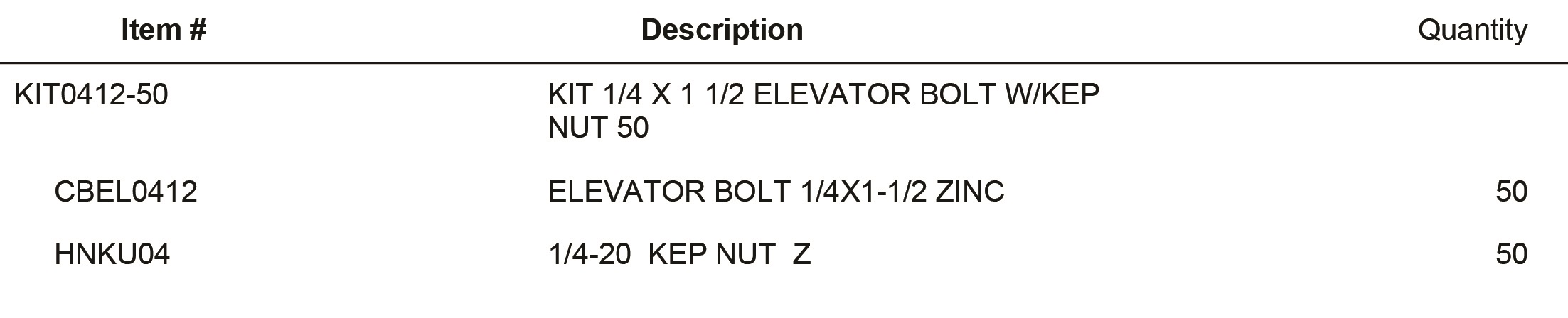 KIT0412-50 KIT 1/4 X 1 1/2 ELEVATOR BOLT W/KEP NUT 50