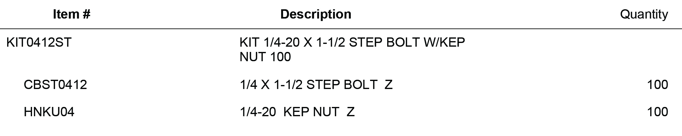 KIT0412ST KIT 1/4-20 X 1-1/2 STEP BOLT W/KEP NUT 100