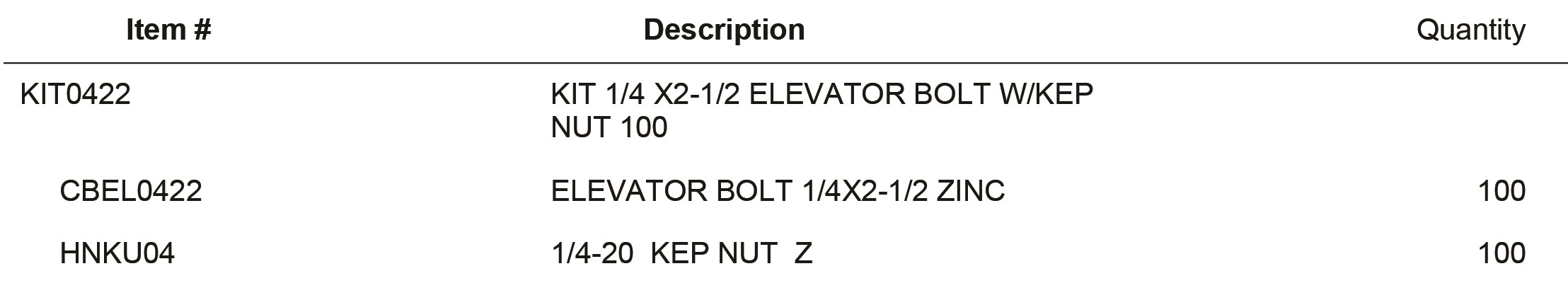 KIT0422 KIT 1/4 X2-1/2 ELEVATOR BOLT W/KEP NUT 100