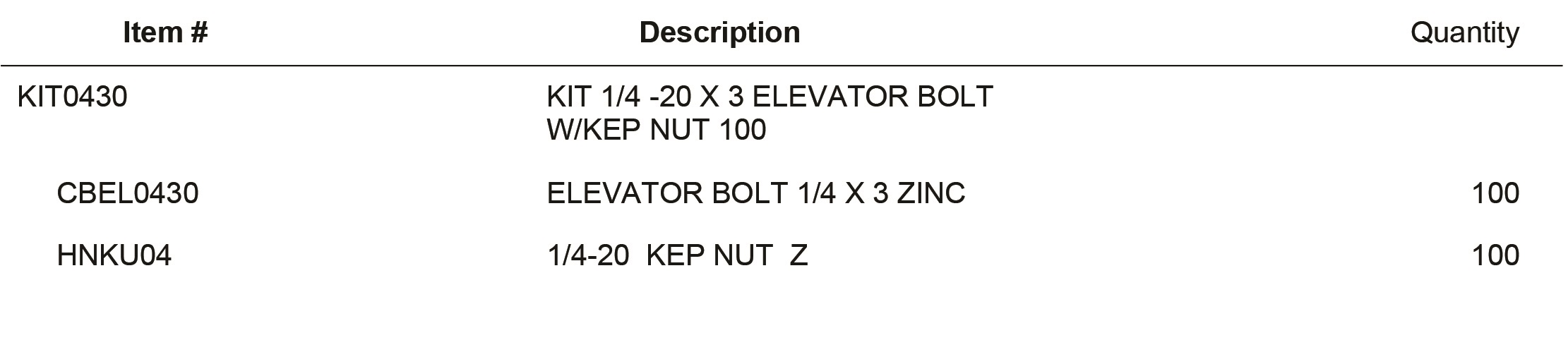 KIT0430 KIT 1/4 -20 X 3 ELEVATOR BOLT W/KEP NUT 100