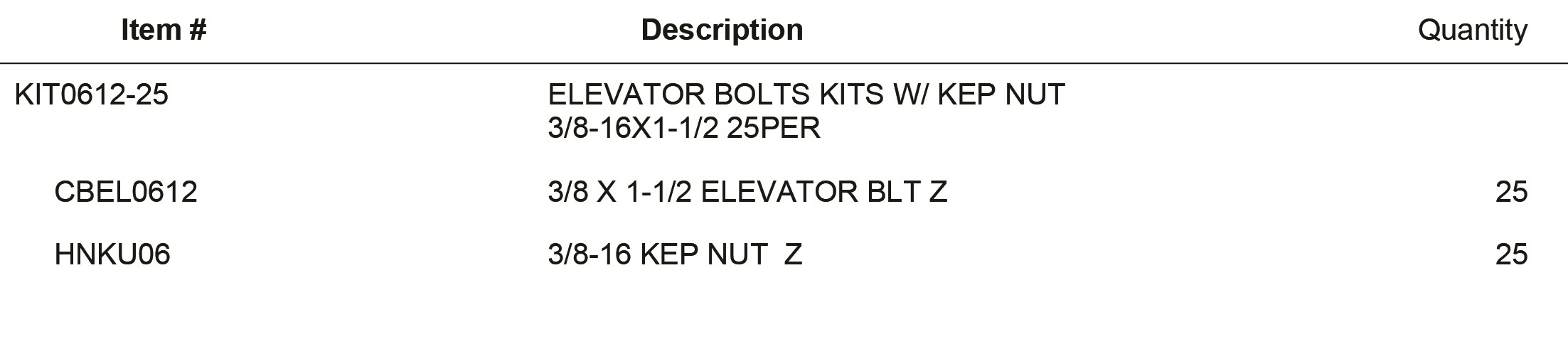 KIT0612-25 ELEVATOR BOLTS KITS W/ KEP NUT 3/8-16X1-1/2 25PER