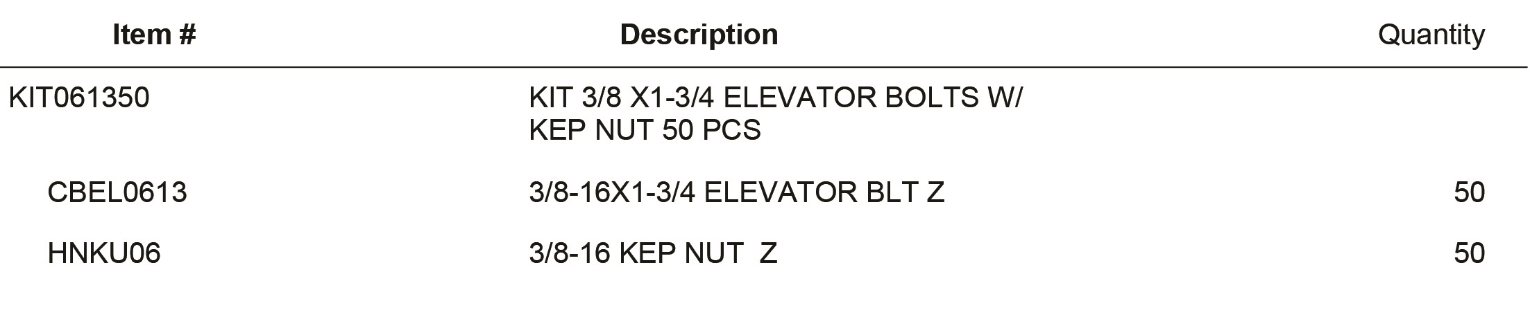 KIT061350 KIT 3/8 X1-3/4 ELEVATOR BOLTS W/ KEP NUT 50 PCS