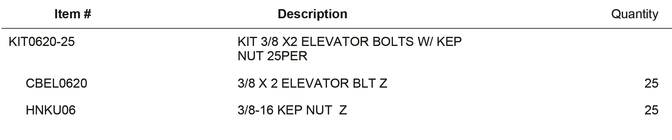 KIT0620-25 KIT 3/8 X2 ELEVATOR BOLTS W/ KEP NUT 25PER