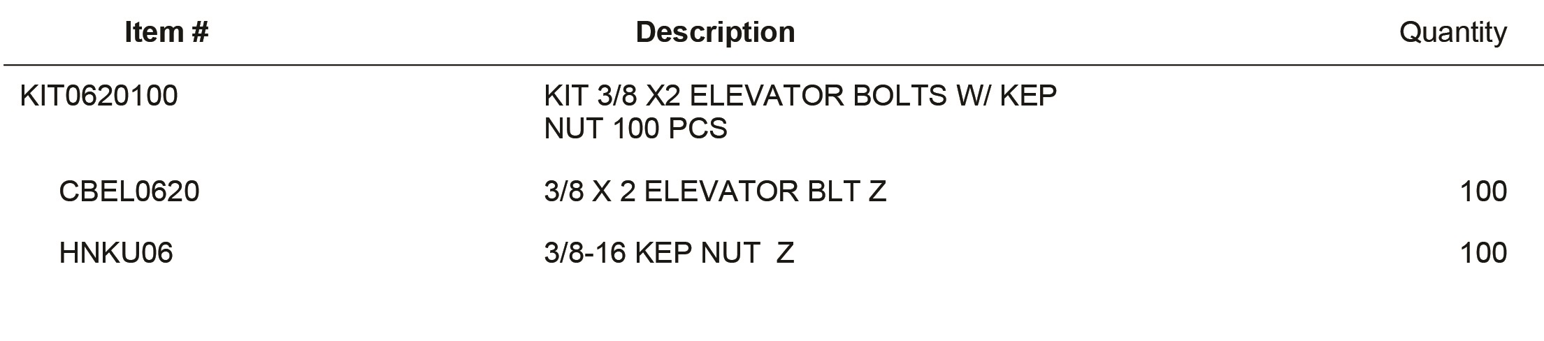 KIT0620100 KIT 3/8 X2 ELEVATOR BOLTS W/ KEP NUT 100 PCS
