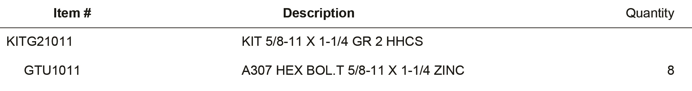 KITG21011 KIT 5/8-11 X 1-1/4 GR 2 HHCS