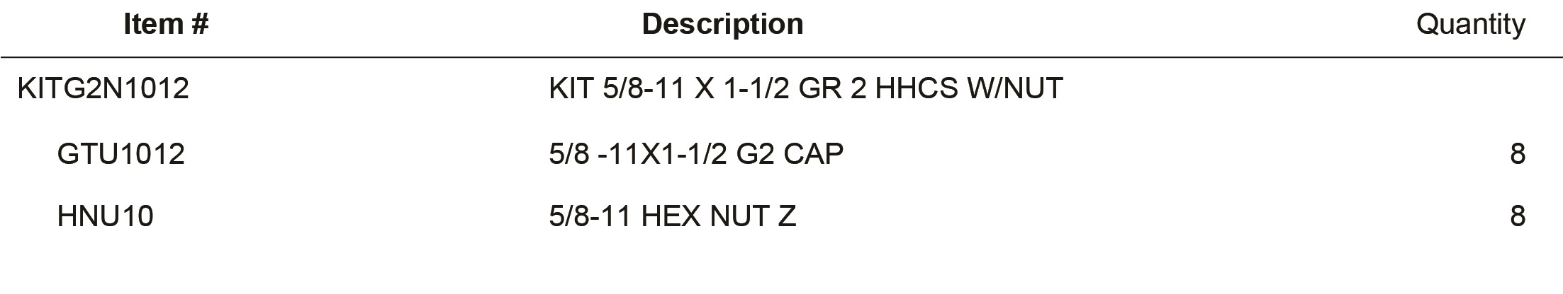 KITG2N1012 KIT 5/8-11 X 1-1/2 GR 2 HHCS W/NUT