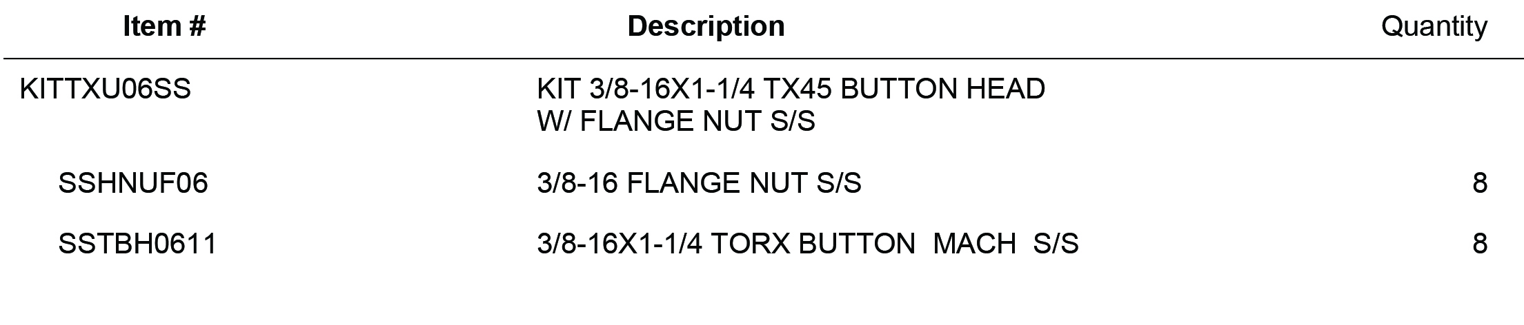 KITTXU06SS KIT 3/8-16X1-1/4 TX45 BUTTON HEAD W/ FLANGE NUT S/S