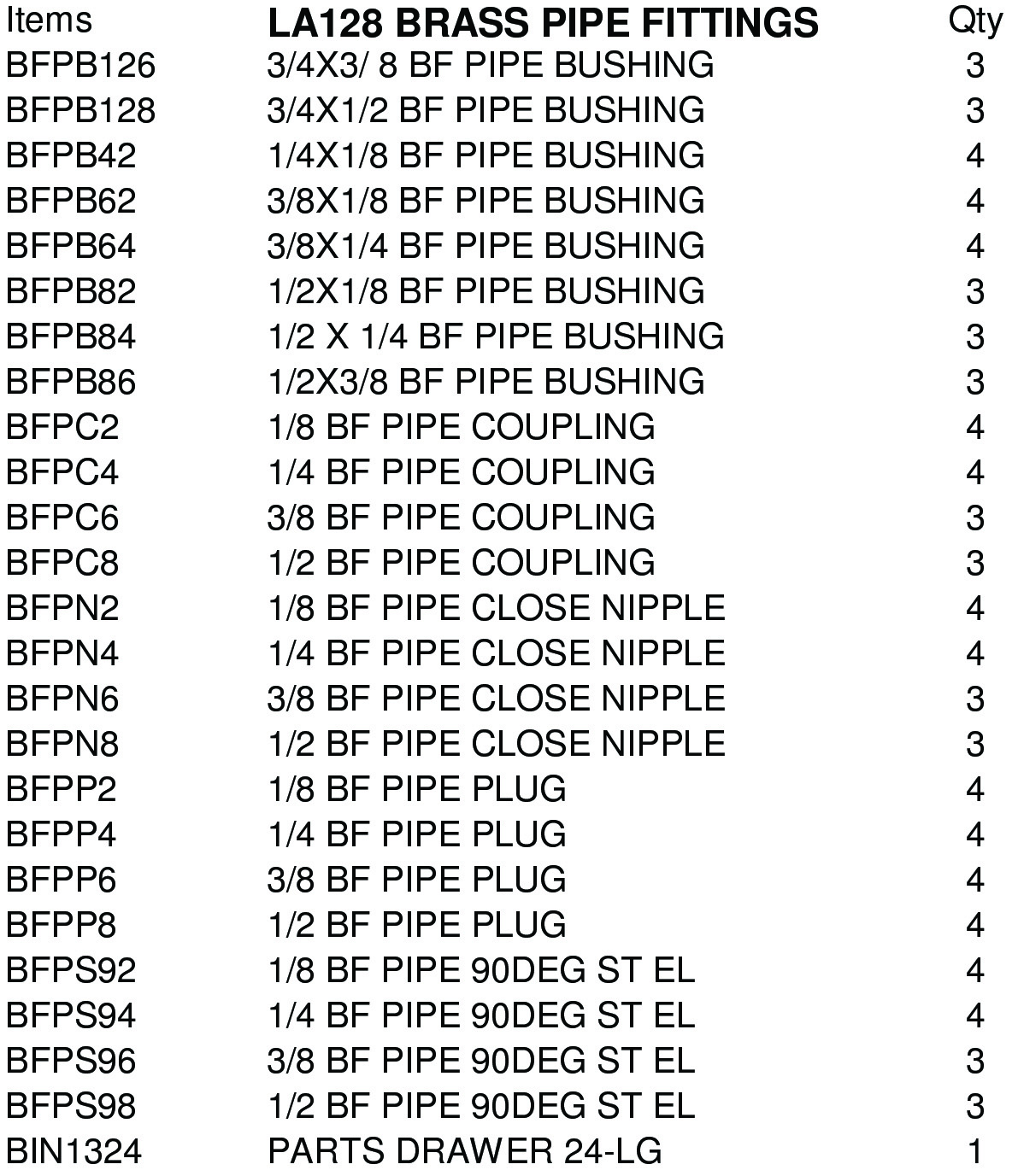 LA128 ASSORTMENTS-BRASS PIPE FITTINGS