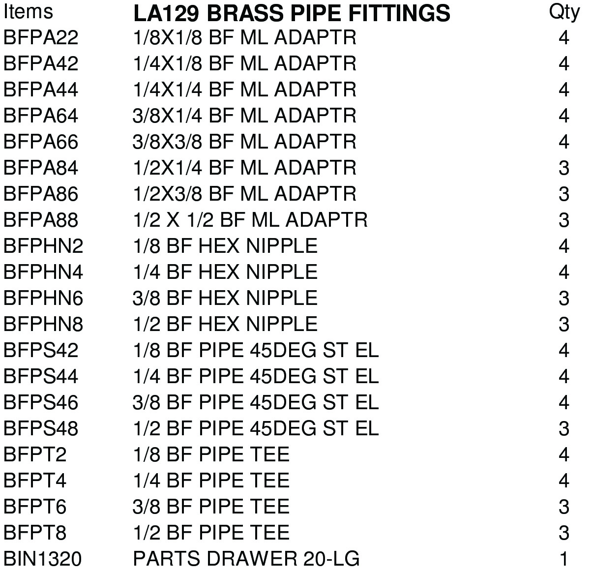 LA129 ASSORTMENTS-BRASS PIPE FITTINGS