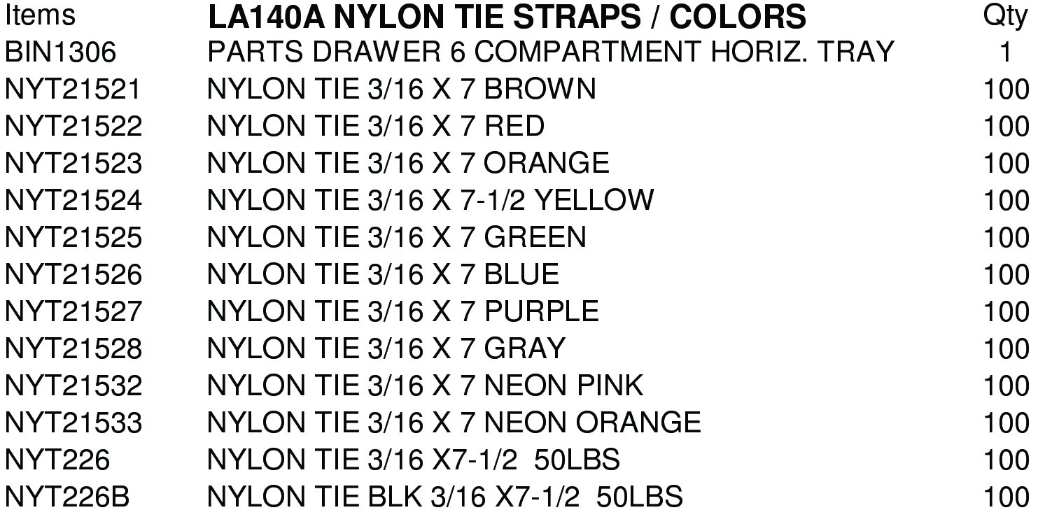 LA140A ASSORTMENTS-NYLON TIE STRAPS / COLORS