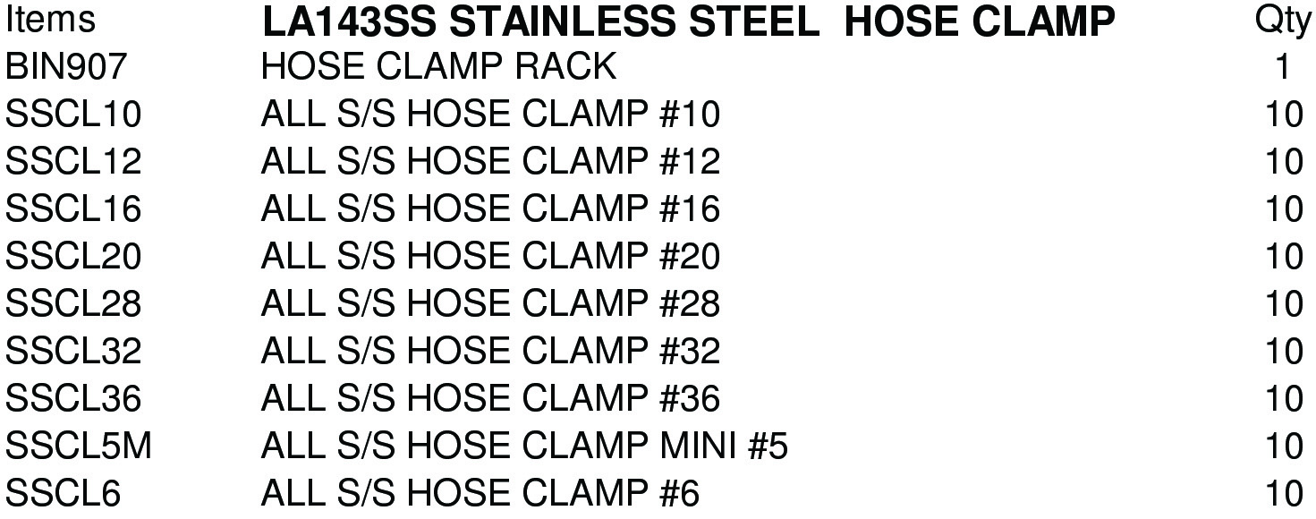LA143SS ASSORTMENT HOSE CLAMP W/ RACK ALL STAINLESS STEEL BAND AND SCREW