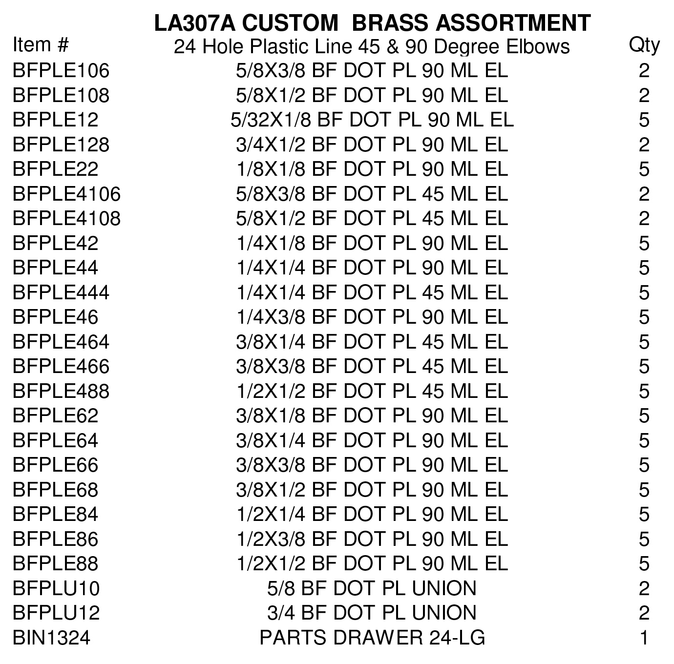 LA307A ASSORTMENTS-CUSTOM PAN BRASS ASSORTMENT 24 Hole Plastic Line 45 & 90 Degree Elbows