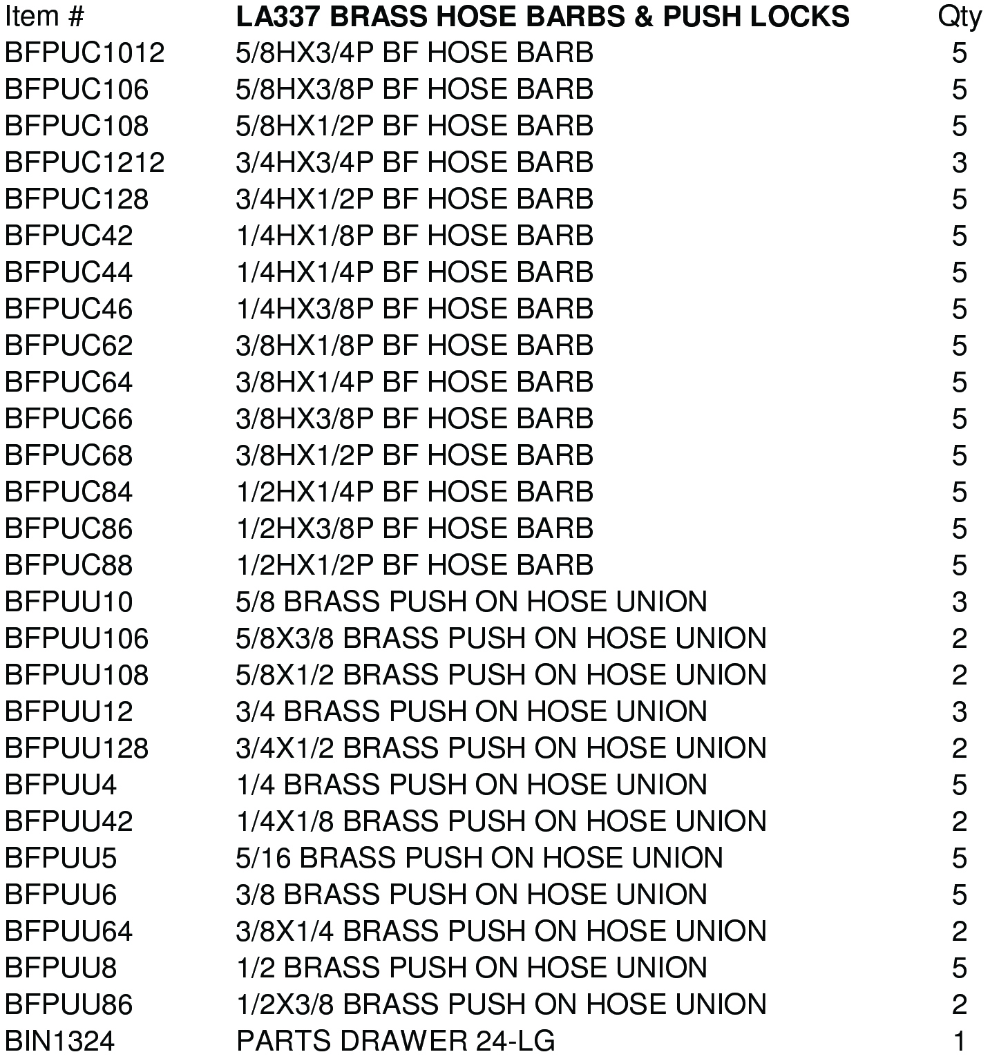 LA337 ASSORTMENTS-BRASS HOSE BARBS & PUSH LOCKS