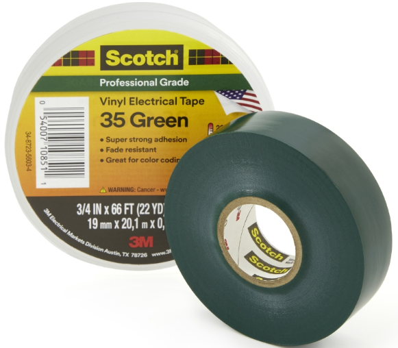 3M VINYL ELECTRICAL TAPE 35, GREEN, PROFESSIONAL GRADE 3/4" WIDE, 66' ROLL