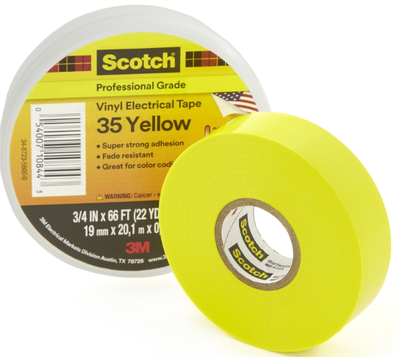 3M VINYL ELECTRICAL TAPE 35, YELLOW, PROFESSIONAL GRADE 3/4" WIDE, 66' ROLL